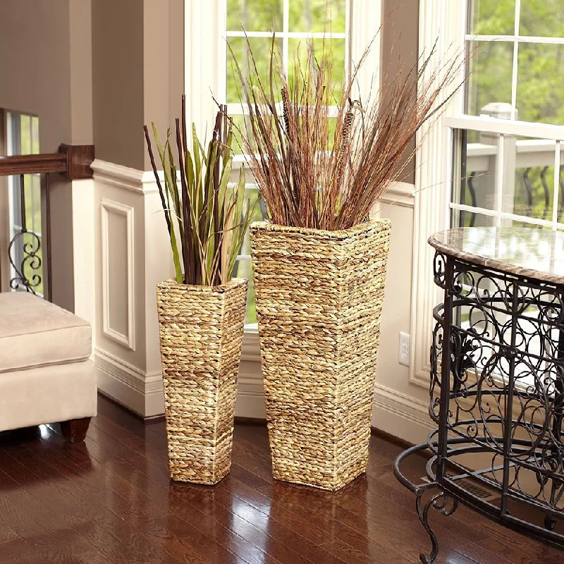 Decorative glass vases for living room -Water Hyacinth Nested Wicker Floor Vases (Set of 2)