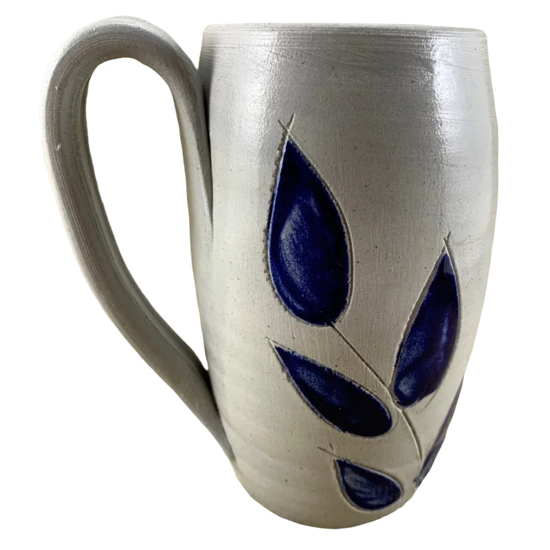 high quality stainless steel mugs-Cobalt Blue Salt Glazed Leaf Pottery Tall Mug Williamsburg Pottery