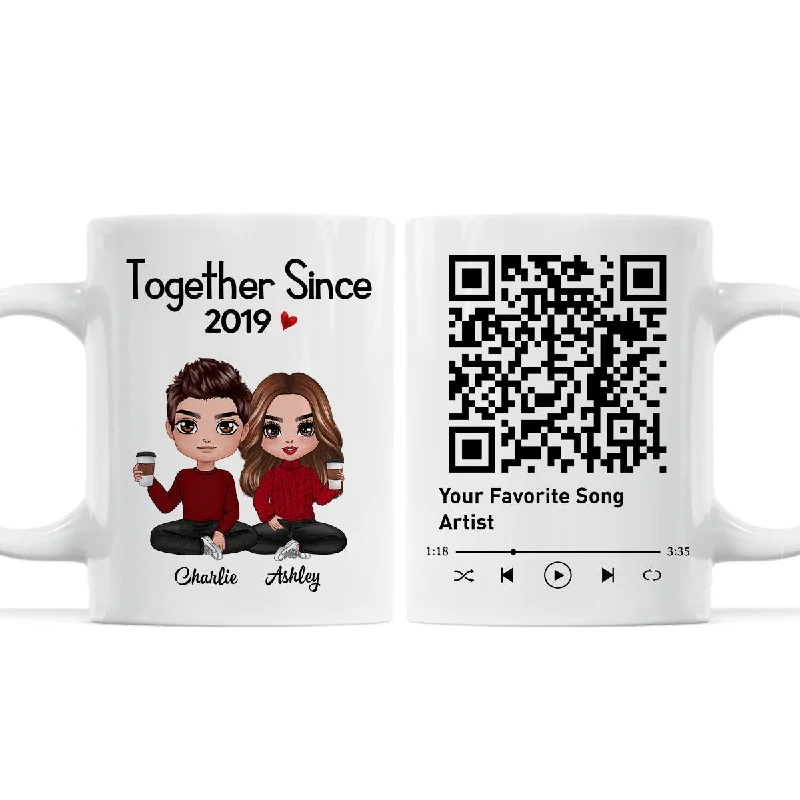 insulated mugs with funny quotes-Couple Sitting Together Since Favorite Song QR Code Personalized Mug