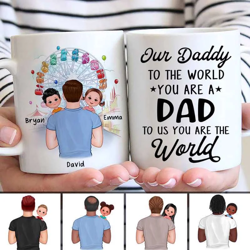 funny coffee cups for students-Dad Carrying Doll Kids On Shoulder In The Amusement Park Father's Day Gift For Daddy Personalized Mug