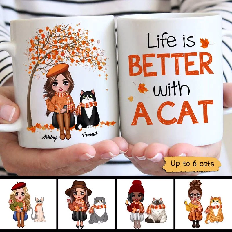 ceramic mugs for tea-Fall Season Doll Woman Life Is Better With Cats Personalized Mug