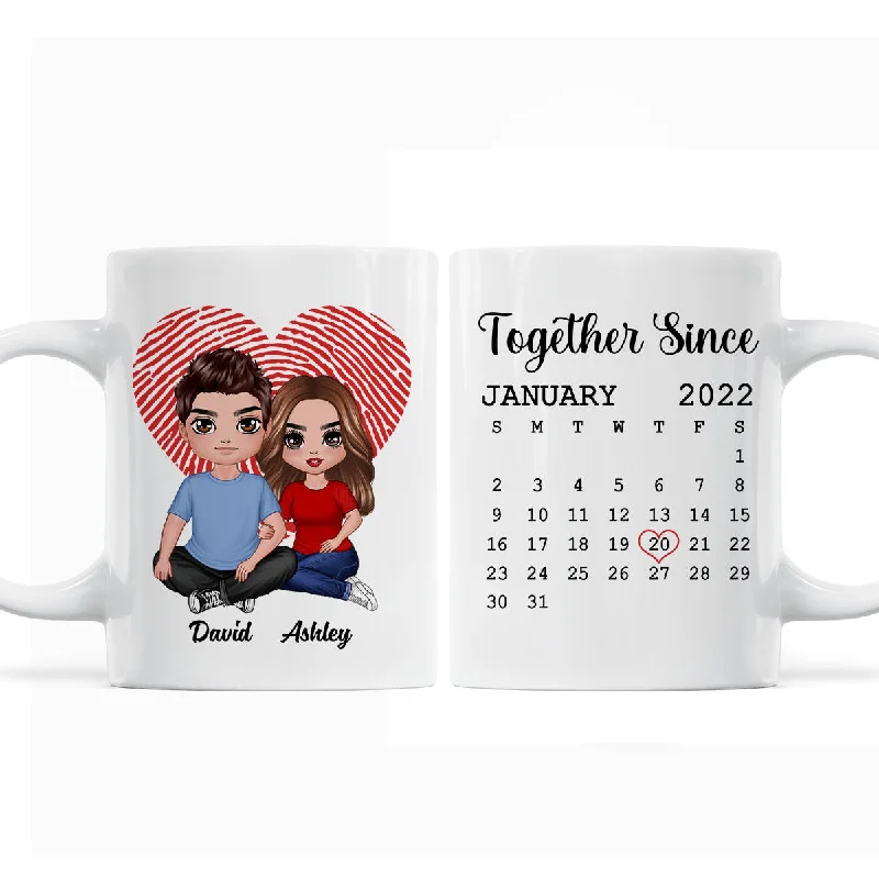 quirky coffee mugs-Fingerprint Heart Embracing Doll Couple Sitting Calendar Anniversary Date Gift For Him For Her Personalized Mug