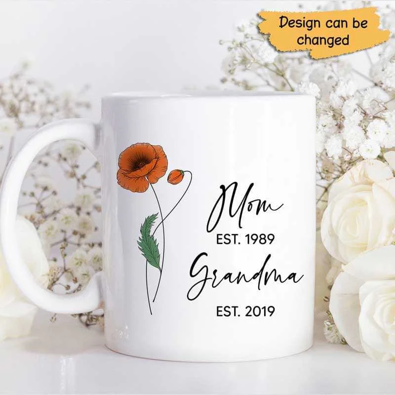 best mugs for office desk-Mom Grandma Est. Watercolor Flower Personalized Mug