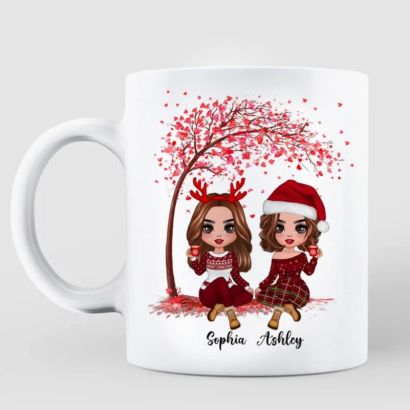 coffee mugs with unique shapes-Sitting Doll Besties Under Pink Heart Tree Personalized Mug