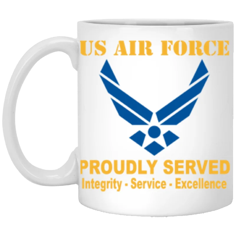 stainless steel coffee mugs for outdoors-US Air Force Logo Proudly Served Core Values 11 oz. White Mug