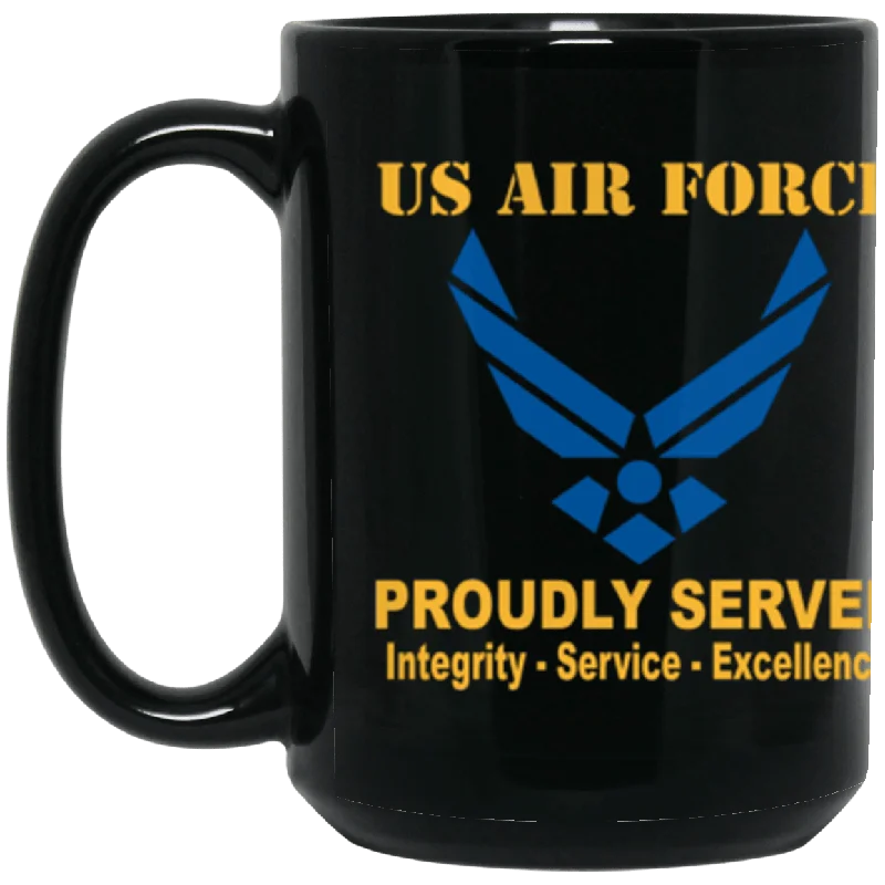 fun mugs with pop culture designs-US Air Force Logo Proudly Served Core Values 15 oz. Black Mug