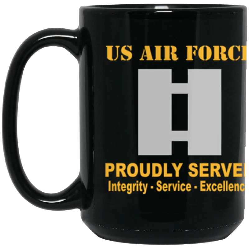 best coffee mugs for gifts-US Air Force O-3 Captain Capt O3 Commissioned Officer Ranks Proudly Served Core Values 15 oz. Black Mug