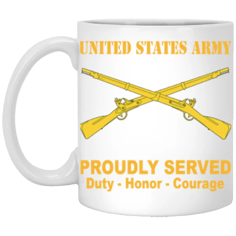 coffee cups for special occasions-US Army Infantry Proudly Served Core Values 11 oz. White Mug