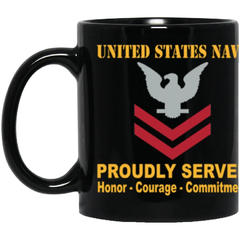 novelty coffee mugs for office-US Navy E-5 Petty Officer Second Class E5 PO2 Collar Device Proudly Served Core Values 11 oz. Black Mug