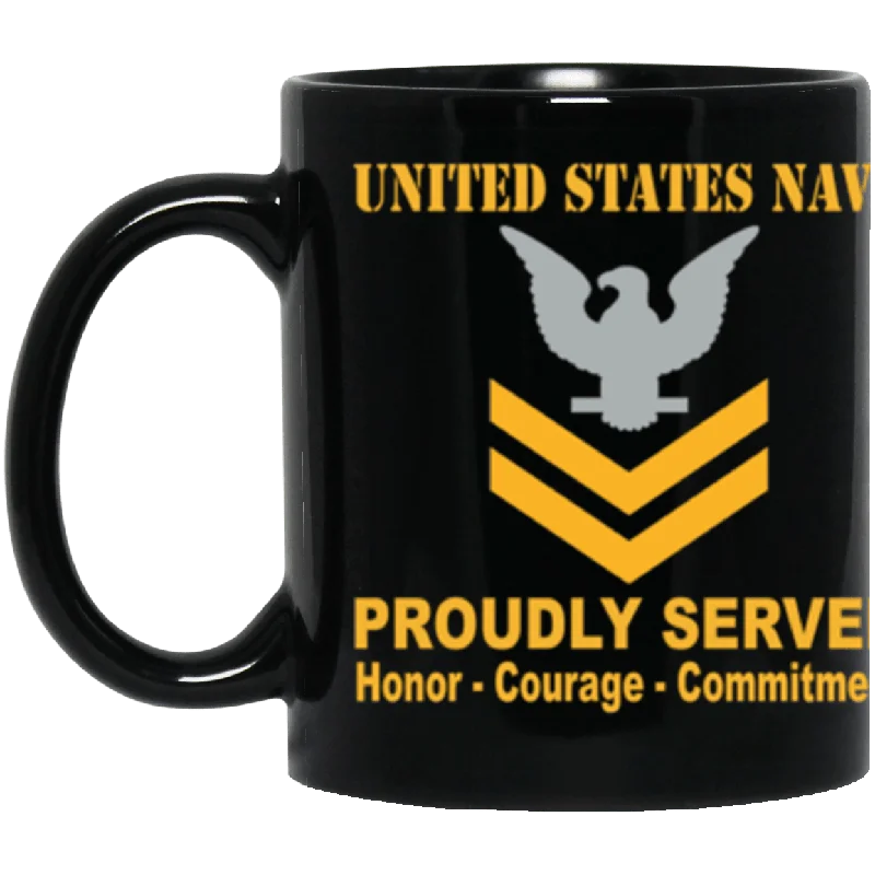 double wall tea mugs-US Navy E-5 Petty Officer Second Class E5 PO2 Gold Stripe Collar Device Proudly Served Core Values 11 oz. Black Mug