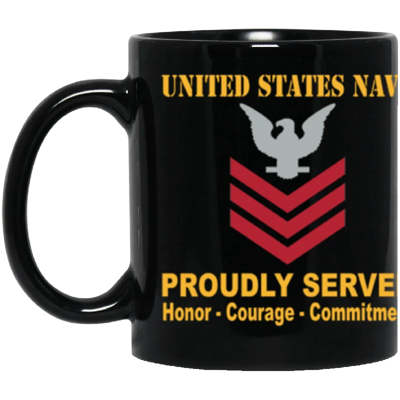 mugs with funny sayings for friends-US Navy E-6 Petty Officer First Class E6 PO1 Collar Device Proudly Served Core Values 11 oz. Black Mug