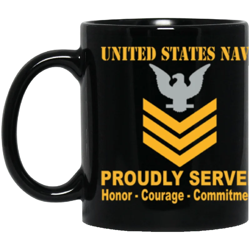 eco-friendly coffee cups-US Navy E-6 Petty Officer First Class E6 PO1 Gold Stripe Collar Device Proudly Served Core Values 11 oz. Black Mug