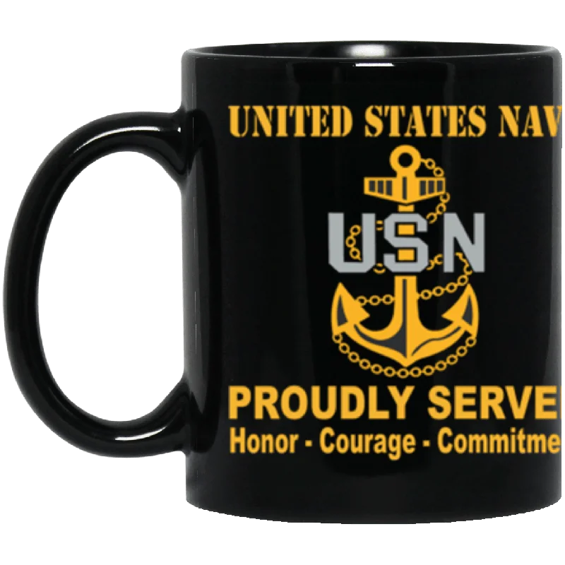 best insulated mugs for cold weather-US Navy E-7 Chief Petty Officer E7 CPO Senior Noncommissioned Officer Collar Device Proudly Served Core Values 11 oz. Black Mug