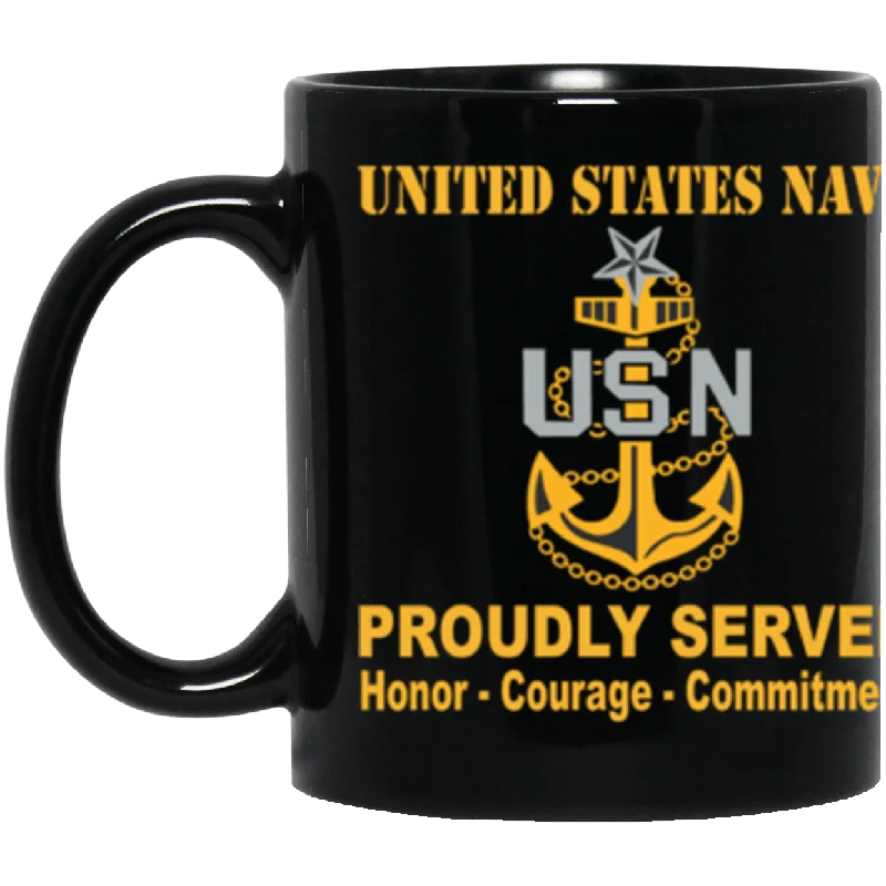 mugs for tea lovers with quotes-US Navy E-8 Senior Chief Petty Officer E8 SCPO Senior Noncommissioned Officer Collar Device Proudly Served Core Values 11 oz. Black Mug