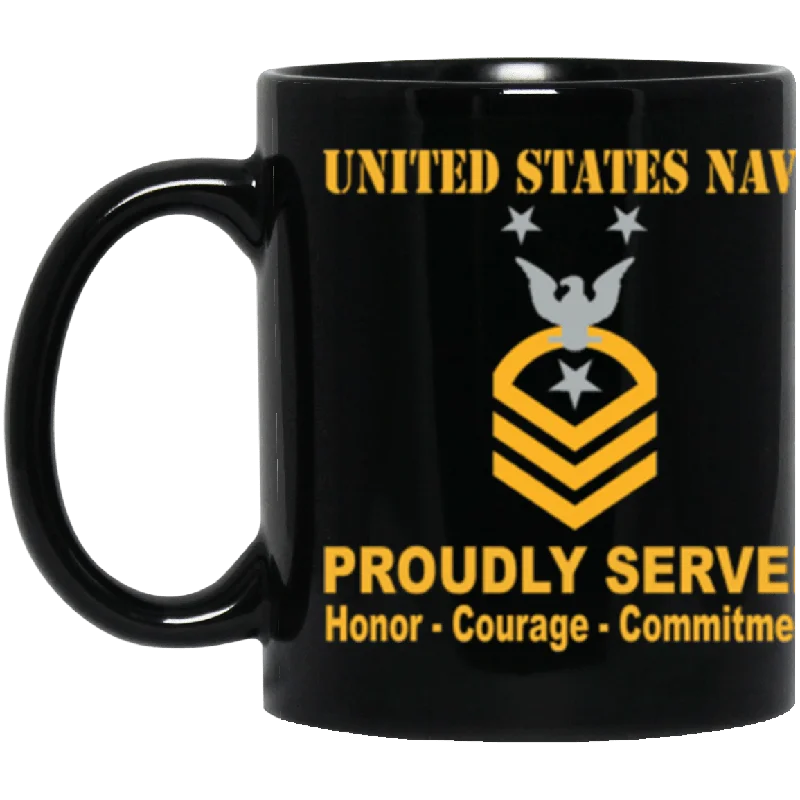 stainless steel coffee mugs for outdoors-US Navy E-9 Command Master Chief Petty Officer E9 CMDCM Collar Device Proudly Served Core Values 11 oz. Black Mug