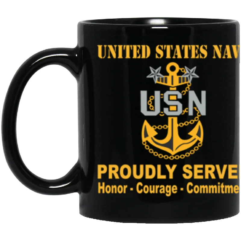 sleek mugs for kitchen-US Navy E-9 Master Chief Petty Officer E9 MCPO Collar Device Proudly Served Core Values 11 oz. Black Mug