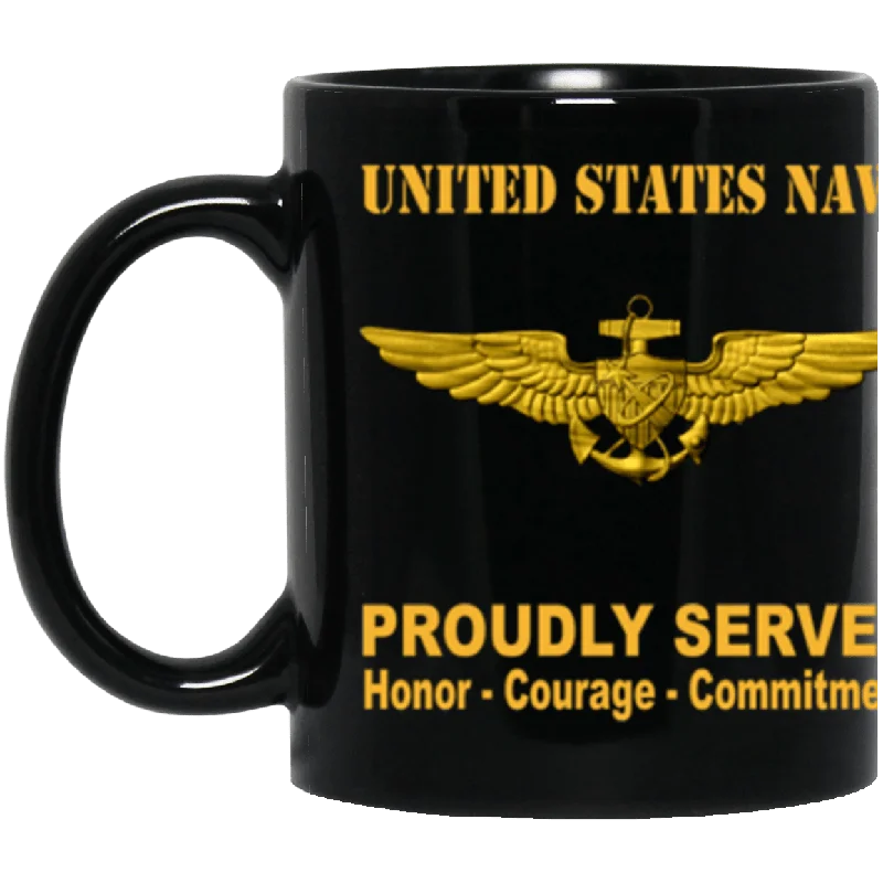 unique mugs for dinner parties-US Navy Naval Astronaut Badge Proudly Served Core Values 11 oz. Black Mug