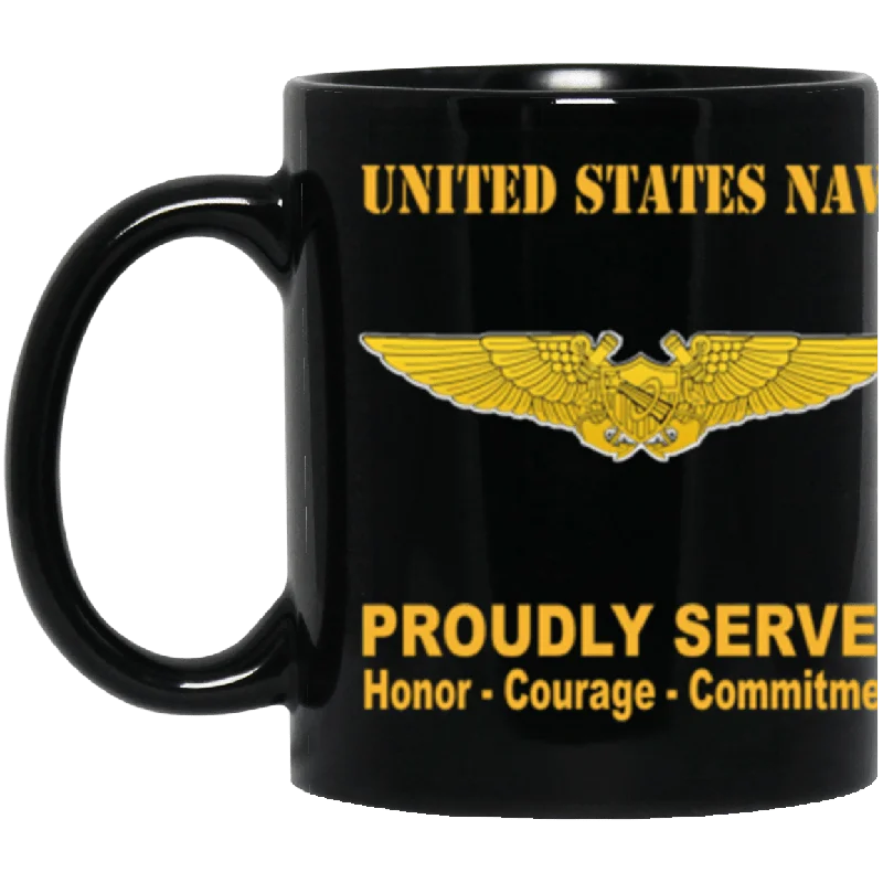 minimalist mugs for coffee-US Navy Naval Astronaut Naval Flight Officer Badge Proudly Served Core Values 11 oz. Black Mug