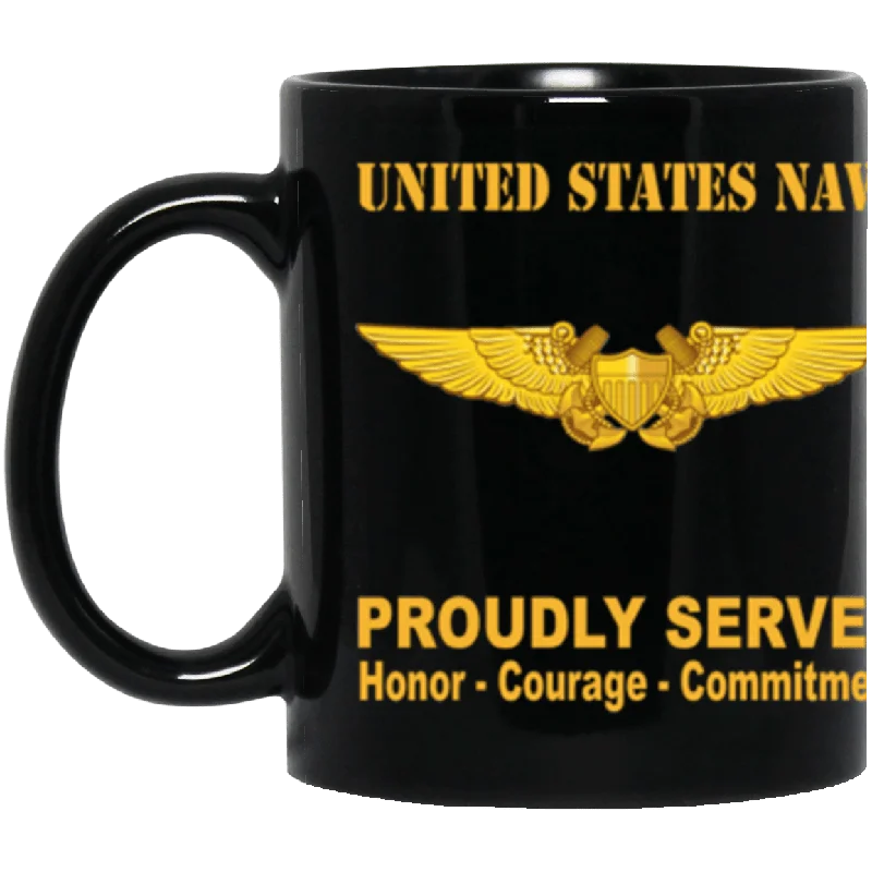 colorful custom mugs for office-US Navy Naval Flight Officer Badge Proudly Served Core Values 11 oz. Black Mug