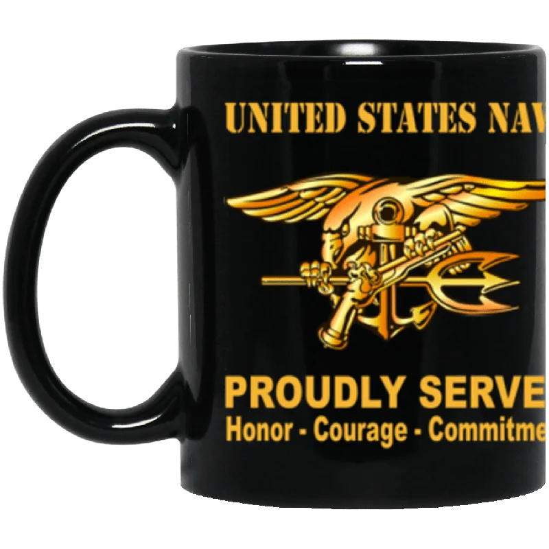 ceramic mugs with quirky designs-US Navy Naval Special Warfare (Seal) Badge Proudly Served Core Values 11 oz. Black Mug