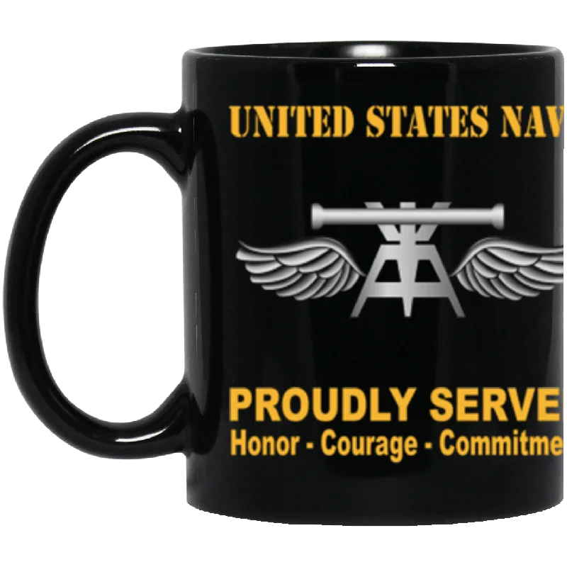 luxury travel mugs for coffee-US Navy Navy Aviation Fire Control Tech Navy AQ Proudly Served Core Values 11 oz. Black Mug