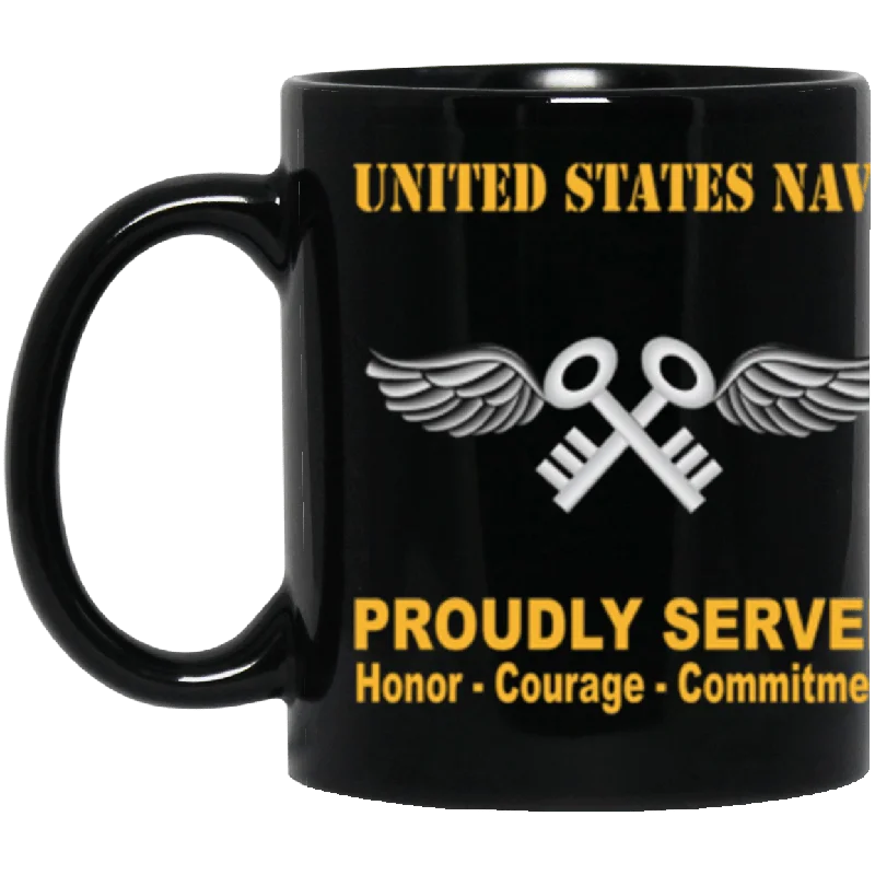 gift coffee mugs for friends-US Navy Navy Aviation Storekeeper Navy AK Proudly Served Core Values 11 oz. Black Mug