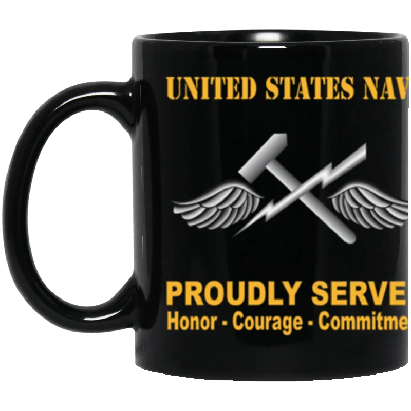 quirky mugs for family gatherings-US Navy Navy Aviation Support Equipment Tech Navy AS Proudly Served Core Values 11 oz. Black Mug