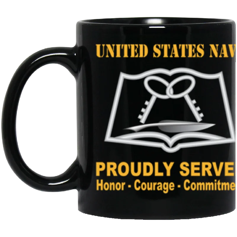 mugs with funny sayings for friends-US Navy Navy Culinary Specialist Navy CS Proudly Served Core Values 11 oz. Black Mug