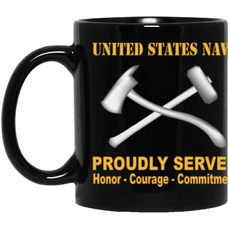 durable coffee mugs for outdoor use-US Navy Navy Damage Controlman Navy DC Proudly Served Core Values 11 oz. Black Mug