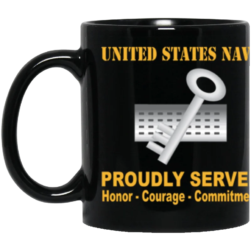 sturdy ceramic mugs-US Navy Navy Disbursing Clerk Navy DK Proudly Served Core Values 11 oz. Black Mug