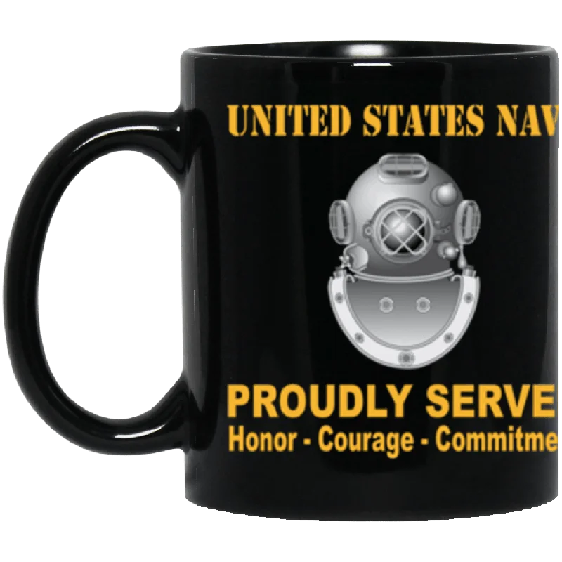 custom travel mugs for tea-US Navy Navy Diver Navy ND Proudly Served Core Values 11 oz. Black Mug