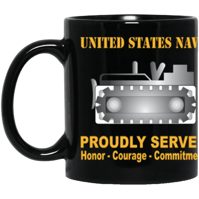 eco-friendly reusable travel mugs-US Navy Navy Equipment Operator Navy EO Proudly Served Core Values 11 oz. Black Mug