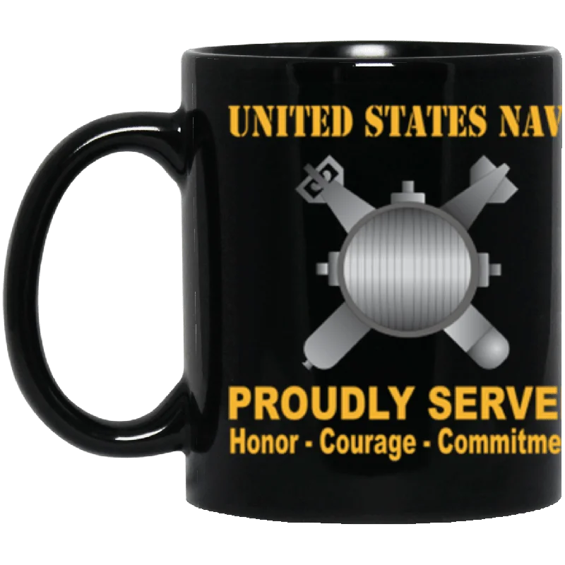 modern coffee mugs with lids-US Navy Navy Explosive Ordnance Disposal Navy EOD Proudly Served Core Values 11 oz. Black Mug