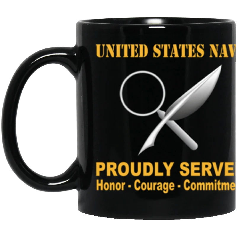 cute coffee mugs for special events-US Navy Navy Intelligence Specialist Navy IS Proudly Served Core Values 11 oz. Black Mug