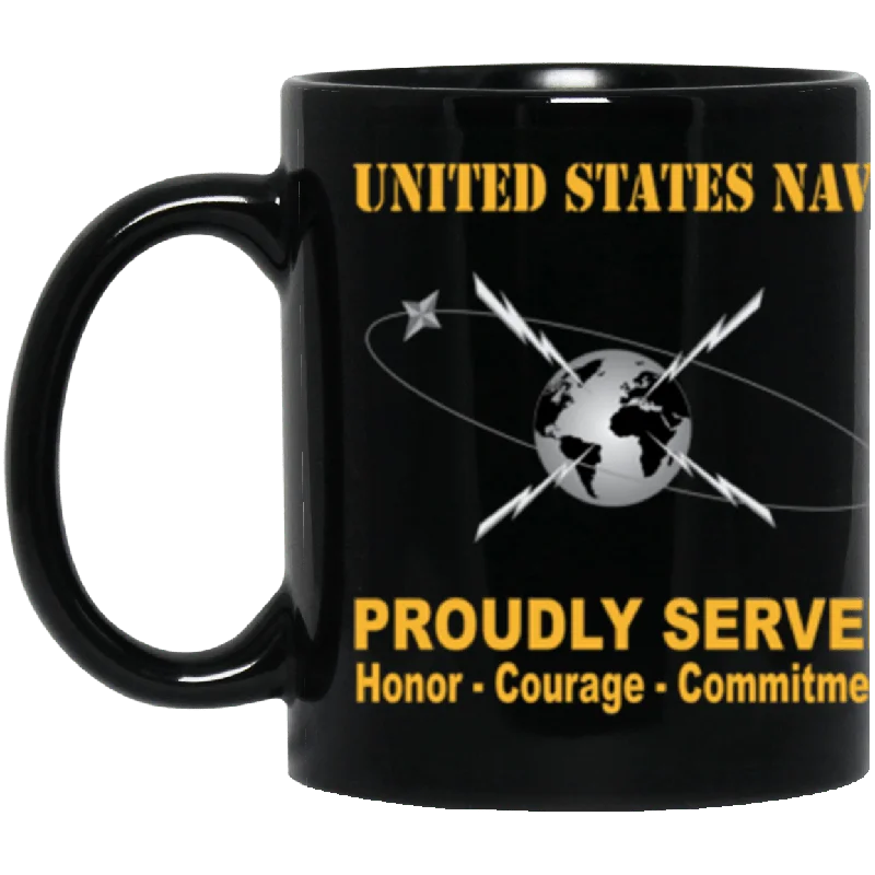 reusable stainless steel mugs-US Navy Navy Mass Communications Specialist Navy MC Proudly Served Core Values 11 oz. Black Mug