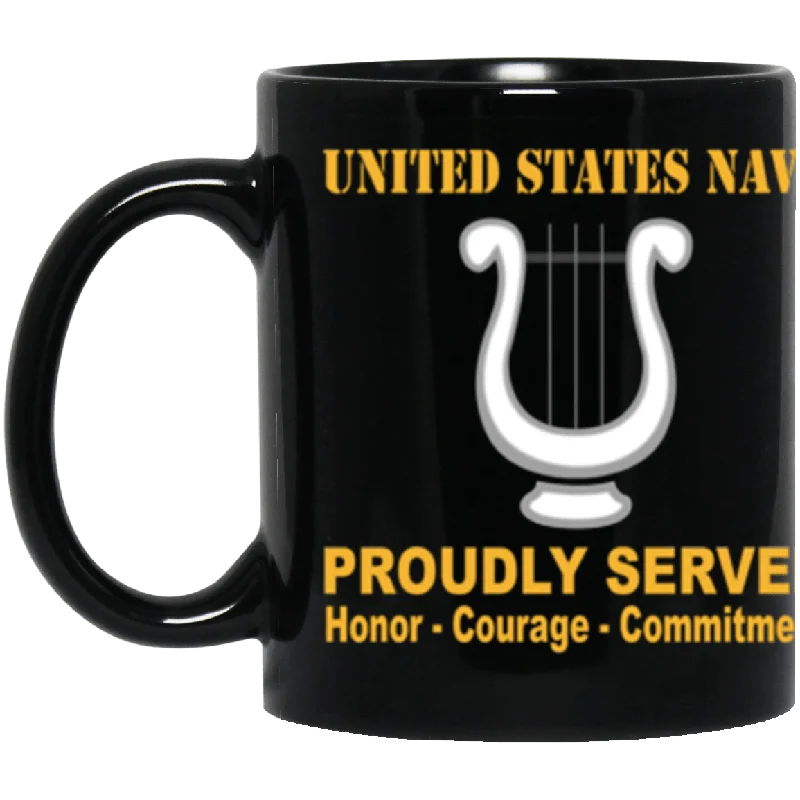 heat changing mugs-US Navy Navy Musician Navy MU Proudly Served Core Values 11 oz. Black Mug