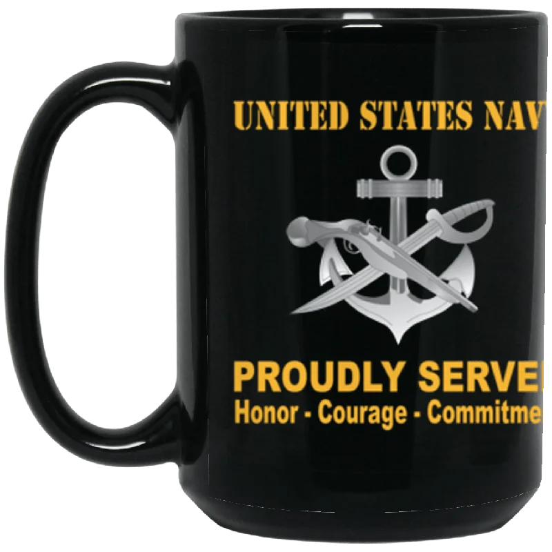 reusable mugs with lids-US Navy Navy Special Warfare Boat Operator Navy SB Proudly Served Core Values 15 oz. Black Mug