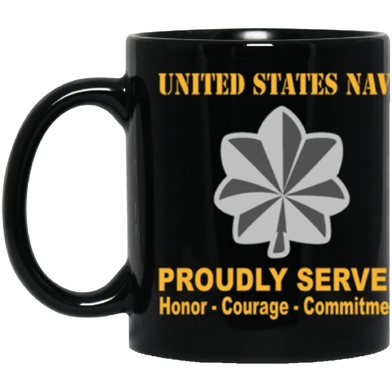 travel coffee mugs for all day use-US Navy O-5 Commander O5 CDR Senior Officer Ranks Proudly Served Core Values 11 oz. Black Mug