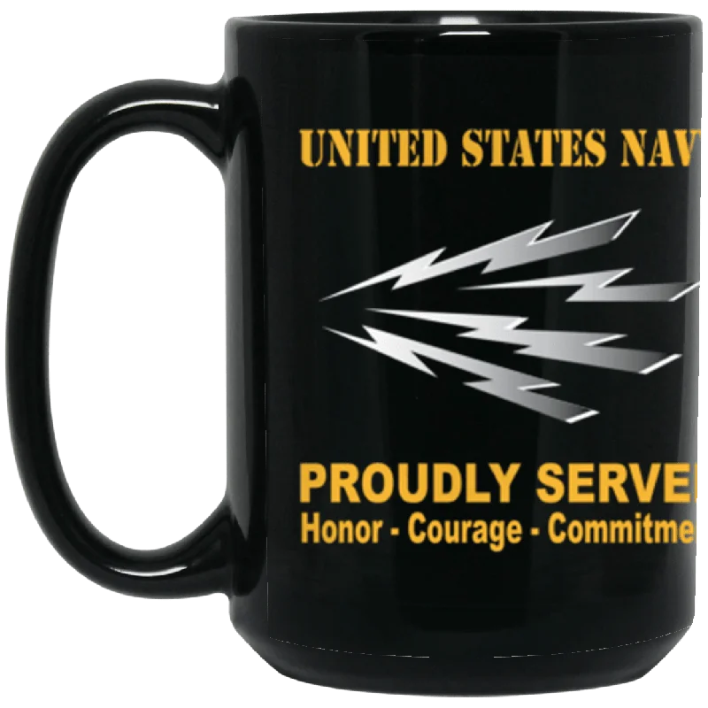 unique mugs for travel-US Navy Radioman Navy RM Proudly Served Core Values 15 oz. Black Mug