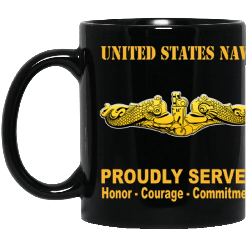 personalized mugs for holidays-US Navy Submarine Warfare Officer Badge Proudly Served Core Values 11 oz. Black Mug