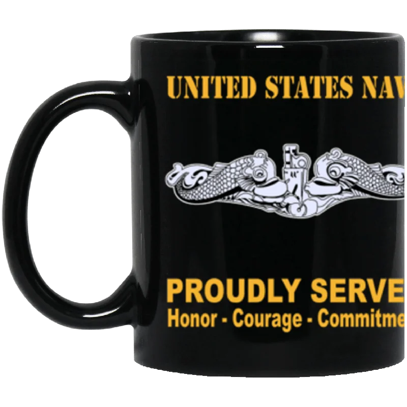 best coffee cups for cold beverages-US Navy Submarine Warfare Officer Enlisted Badge Proudly Served Core Values 11 oz. Black Mug