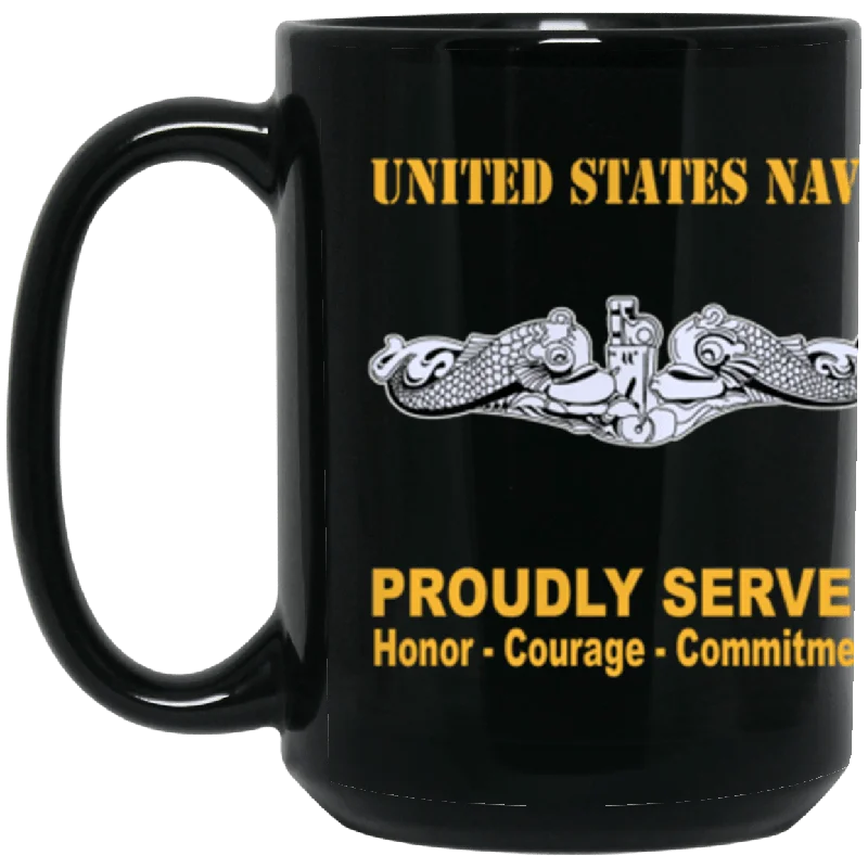 sleek mugs for kitchen-US Navy Submarine Warfare Officer Enlisted Badge Proudly Served Core Values 15 oz. Black Mug