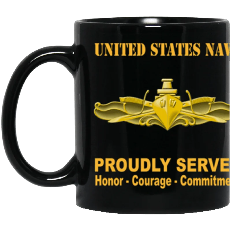 best mugs for coffee shop-US Navy Surface Warfare Officer Badge Proudly Served Core Values 11 oz. Black Mug