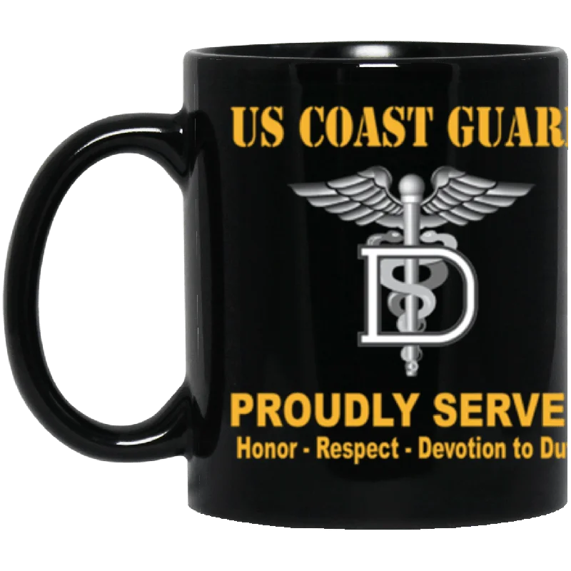 best mugs for coffee shop-USCG Dental Technician DT Logo Proudly Served Core Values 11 oz. Black Mug