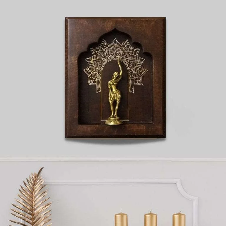 nature inspired art for walls-Apsara Brass Idol On Solid Wood Wall Hanging