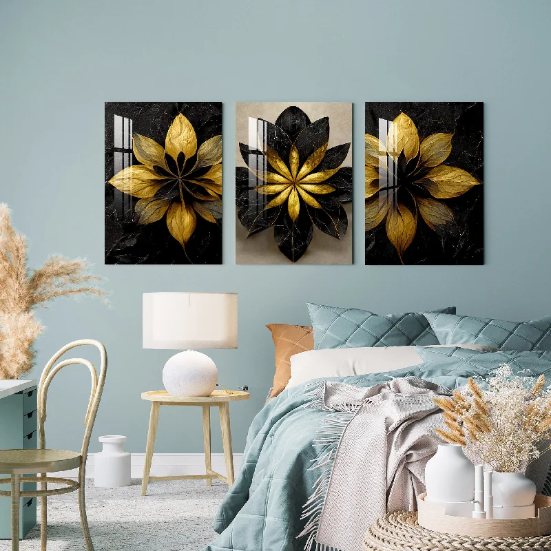 colorful canvas prints-Black and Golden Floral Acrylic Wall Art (Set of 3)