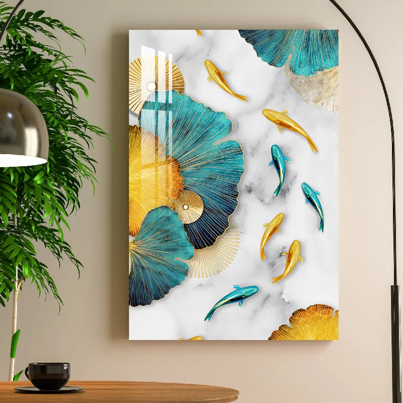 large framed wall art-Blue & Golden Fishes With Leaves Acrylic Wall Art - 29.5X20 inches / 3MM