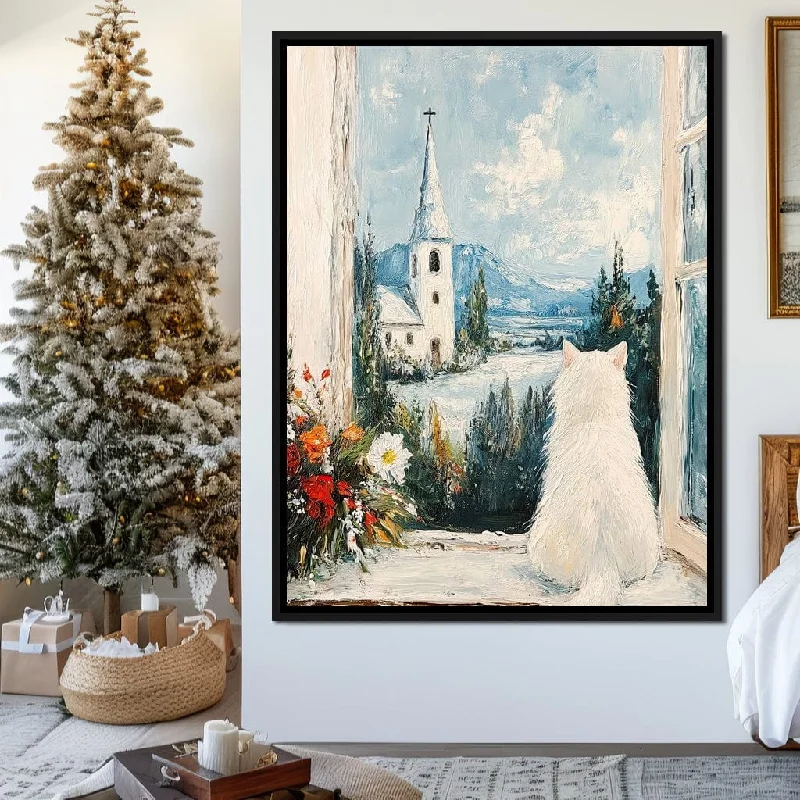 colorful modern wall art-Christmas Morning White Cat by the Window