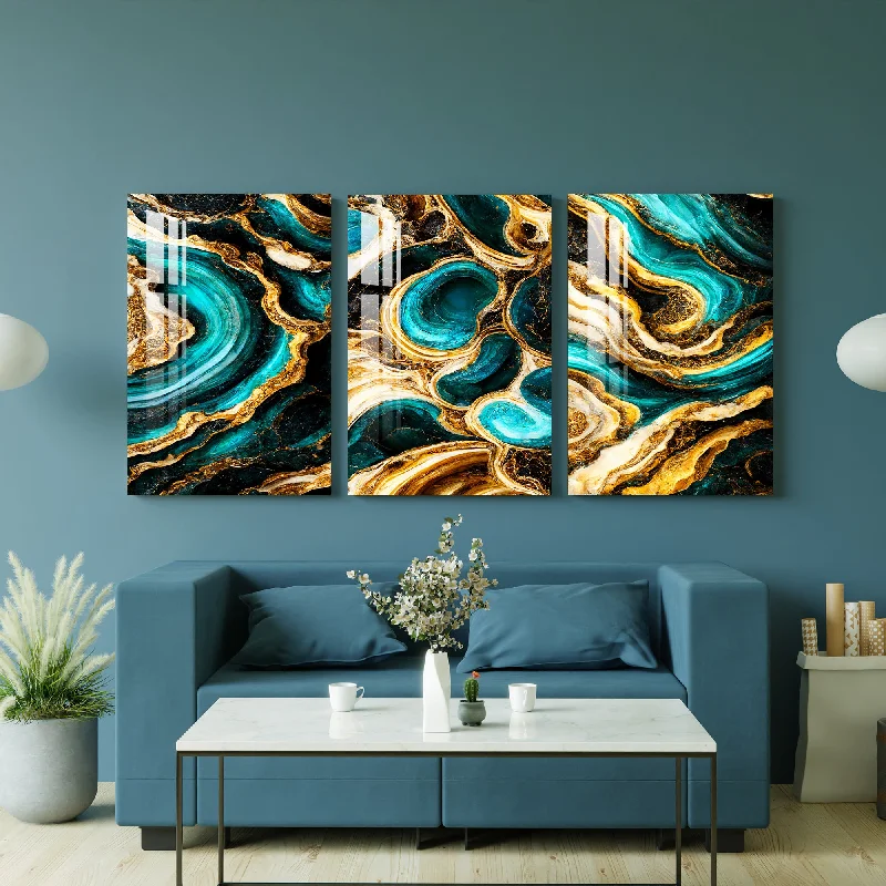 minimalist abstract wall paintings-Cyan & Golden Waves Acrylic Wall Art (Set of 3)