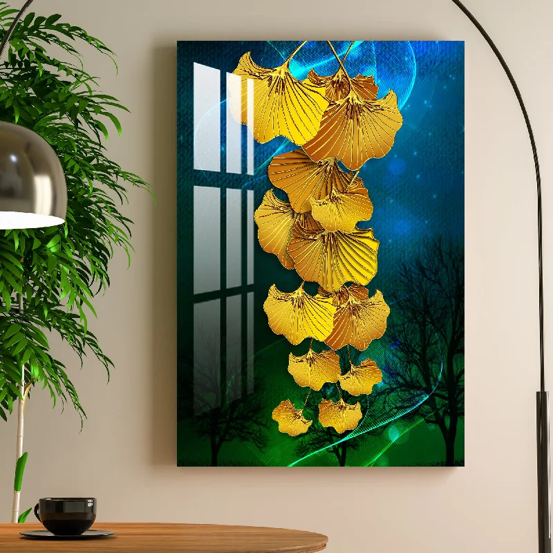 geometric canvas wall prints-Dark Night & Golden Leaves Acrylic Wall Art